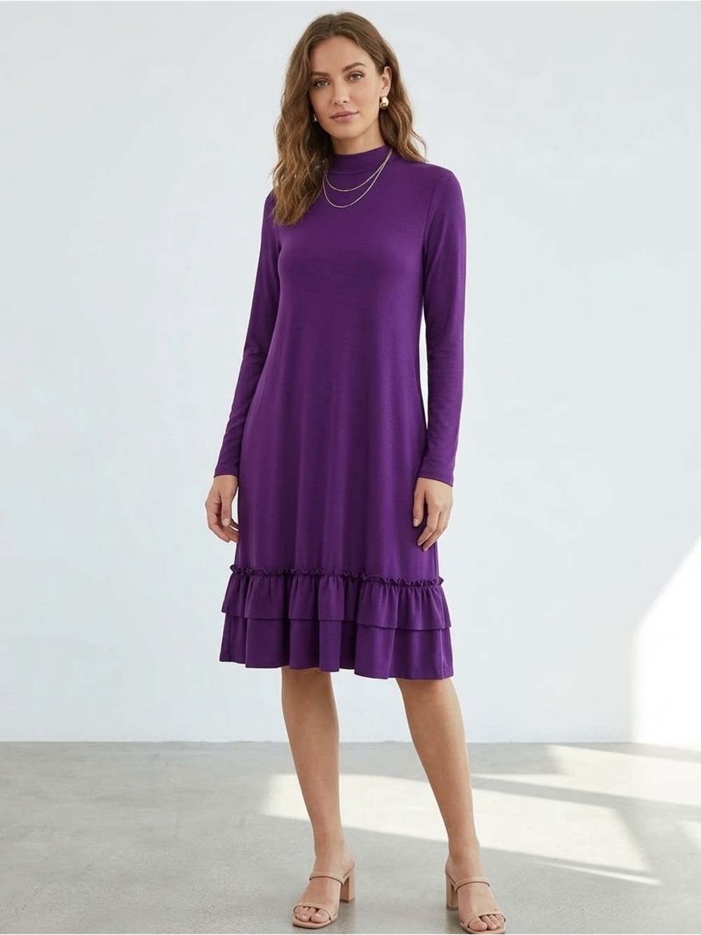 Zenana Outfitters Plum Long Sleeve Ruffle Hem Dress NWOT